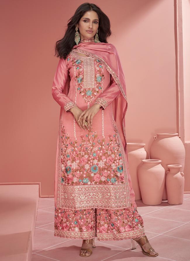 Silk Pink Festival Wear Embroidery Work Palazzo Suit